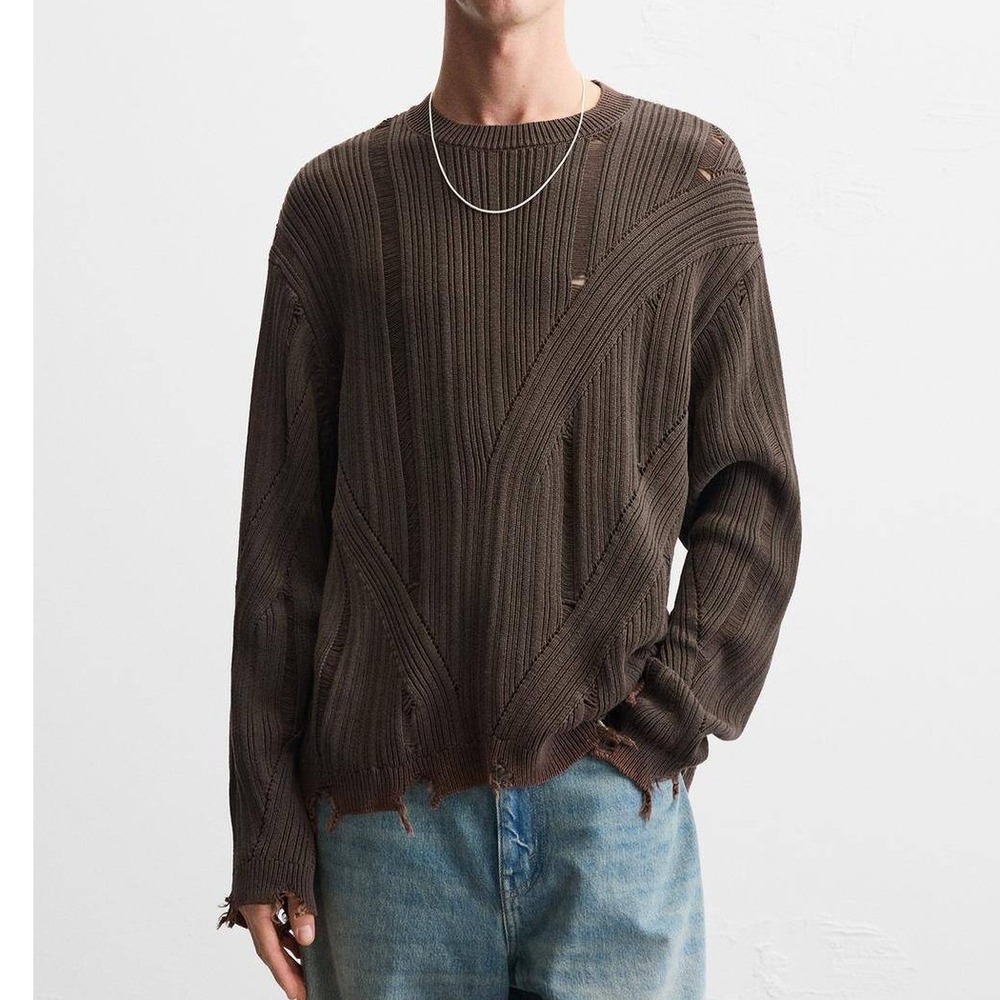 Zara Distressed Ribbed Knit Sweater Mens S-M Olive Brown Frayed Hem Streetwear